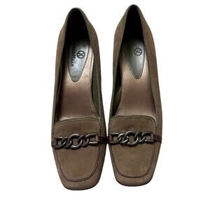 Cole Haan Brown Suede Chain Pumps 8B – Classic Square Toe Kitten Heels Workwear
